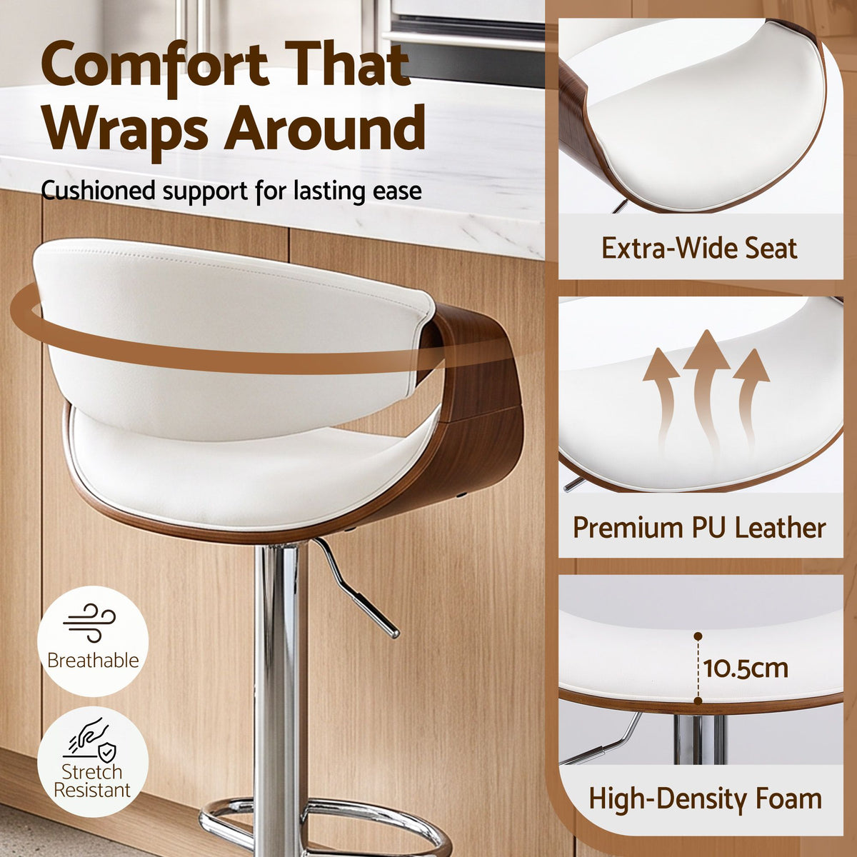Artiss 1x Bar Stool Counter Chair Ambrus Swivel Adjustable Bentwood PU White