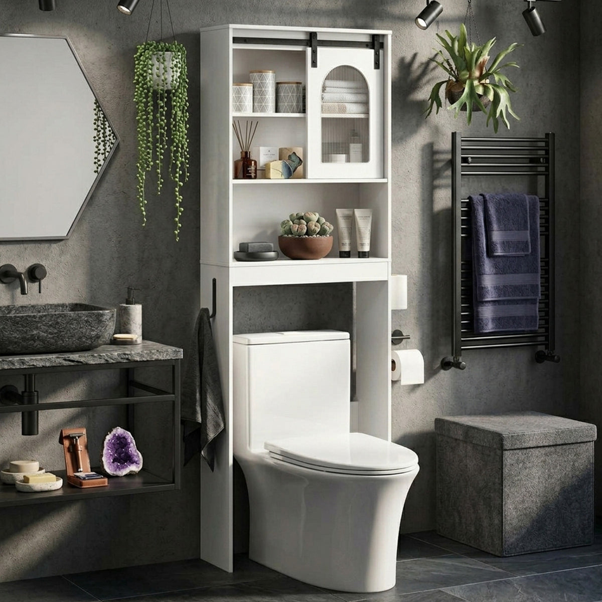 170cm Farmhouse Wood Bathroom Storage Cabinet Over Toilet Shelf Unit Organiser