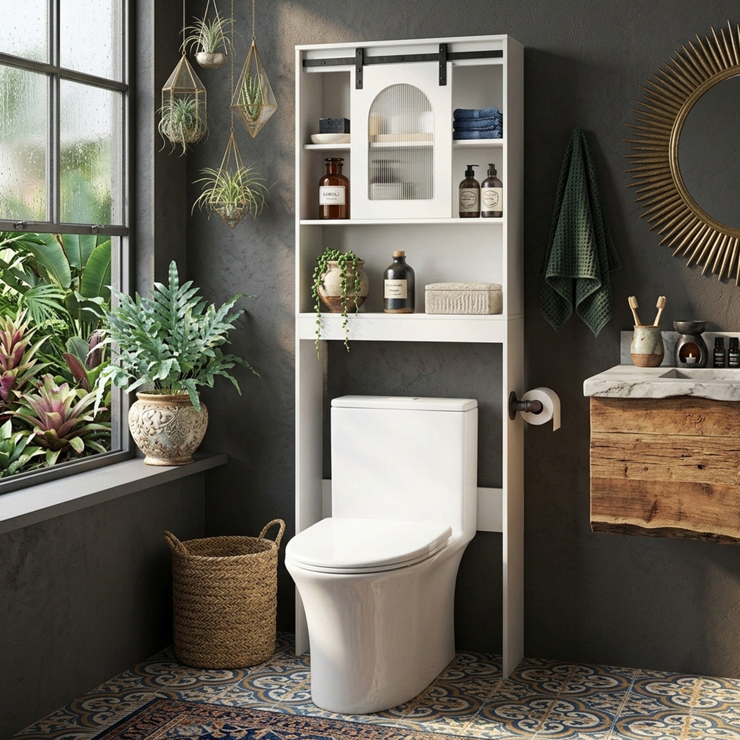 170cm Farmhouse Wood Bathroom Storage Cabinet Over Toilet Shelf Unit Organiser