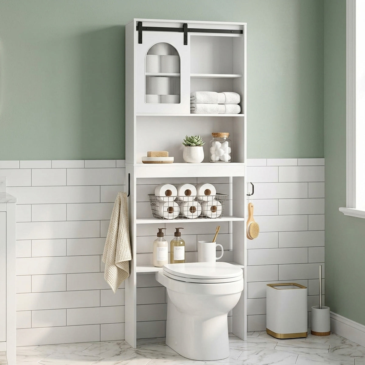 170cm Farmhouse Wood Bathroom Storage Cabinet Over Toilet Shelf Unit Organiser