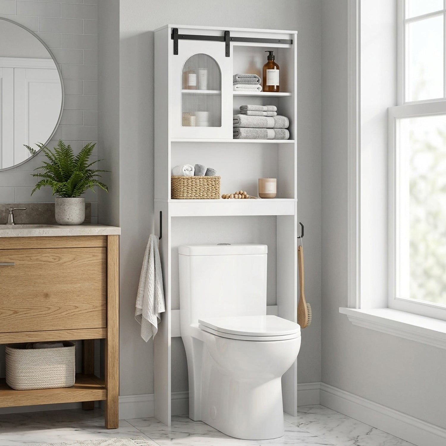 170cm Farmhouse Wood Bathroom Storage Cabinet Over Toilet Shelf Unit Organiser