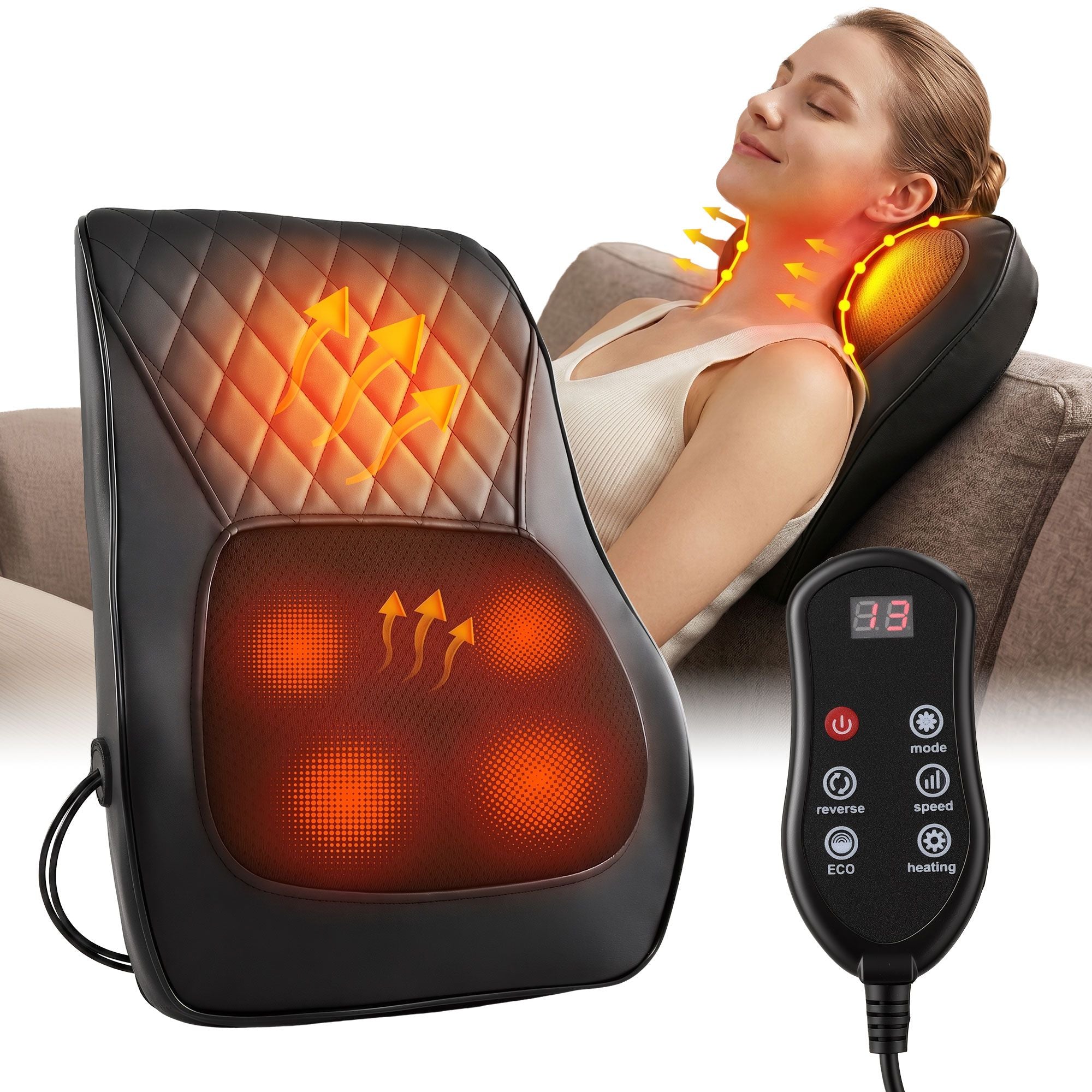 Livemor Back Massager with Heat and Traction, Neck and Shoulder Massage Pillow, Ergonomic Backrest for Office Chair & Sofa