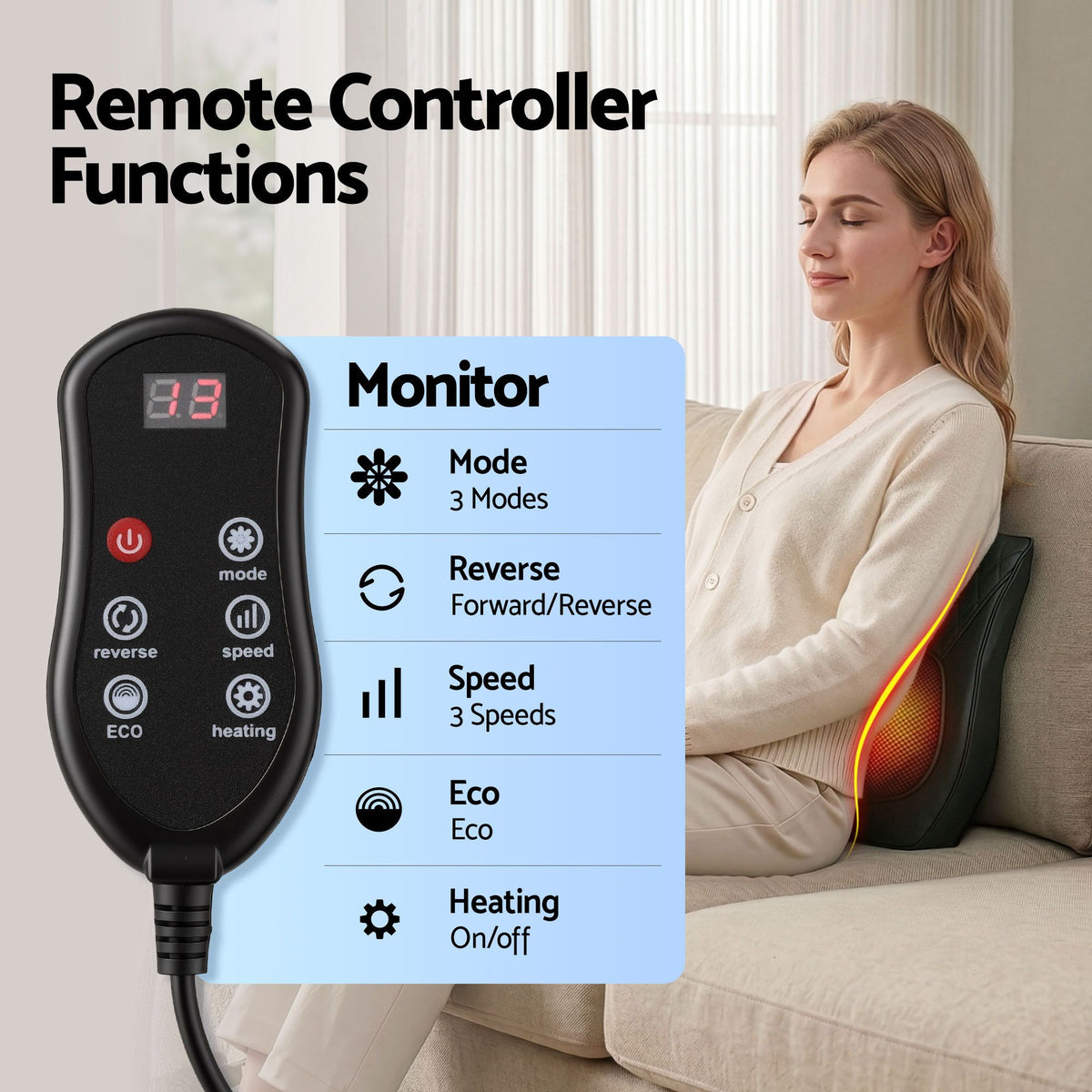 Livemor Back Massager with Heat and Traction, Neck and Shoulder Massage Pillow, Ergonomic Backrest for Office Chair & Sofa