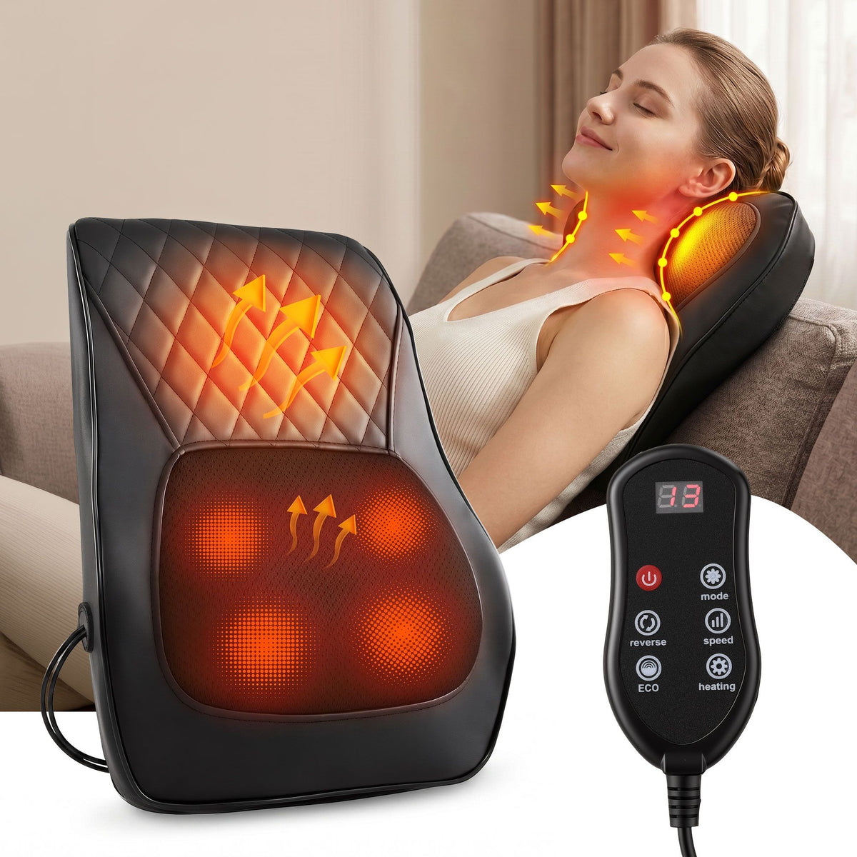 Livemor Back Massager with Heat and Traction, Neck and Shoulder Massage Pillow, Ergonomic Backrest for Office Chair & Sofa