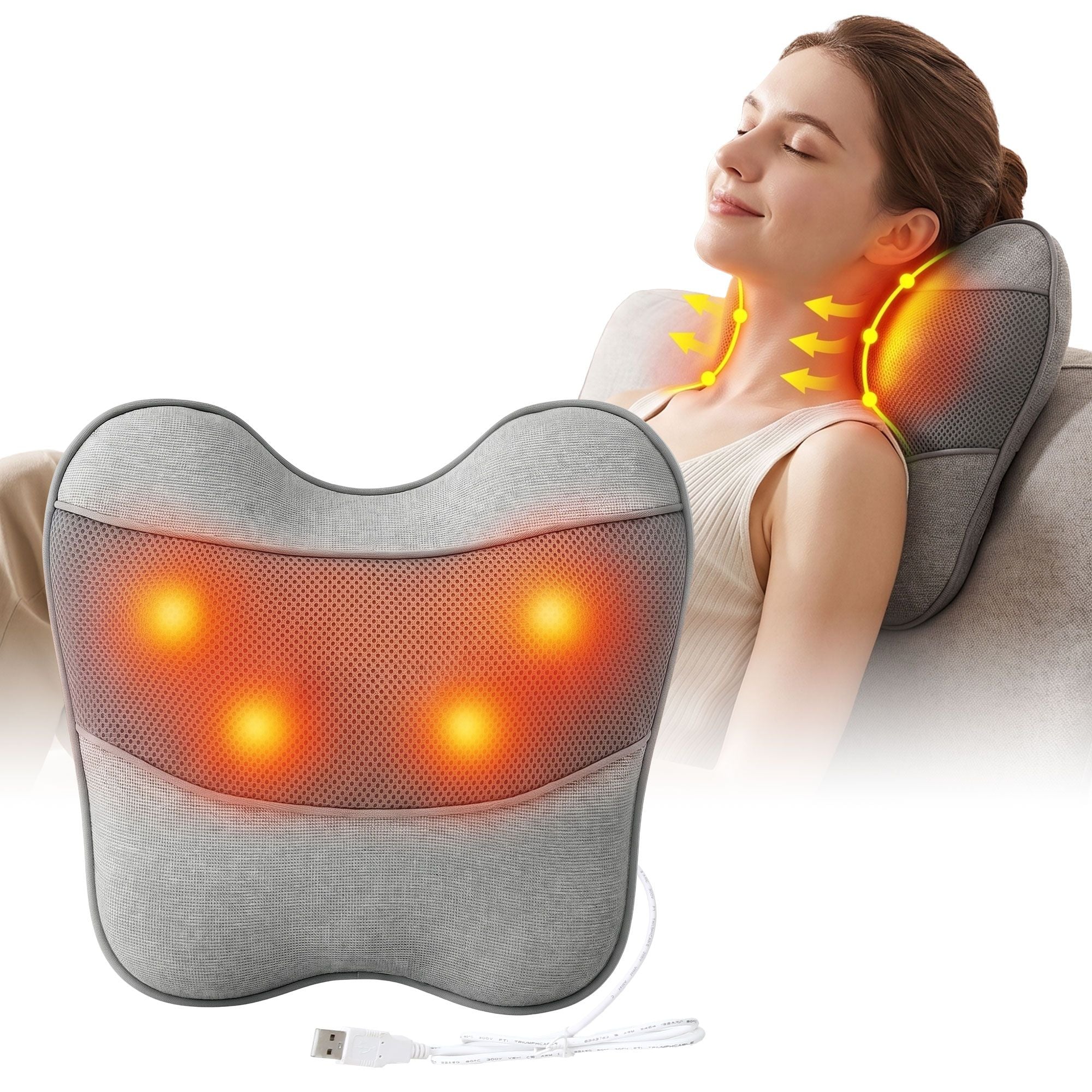 Livemor Back Massager with Heat, USB Neck and Shoulder Massage Pillow, 3-Speed Ergonomic Lumbar Support Cushion for Office Chair, Portable Muscle Relief