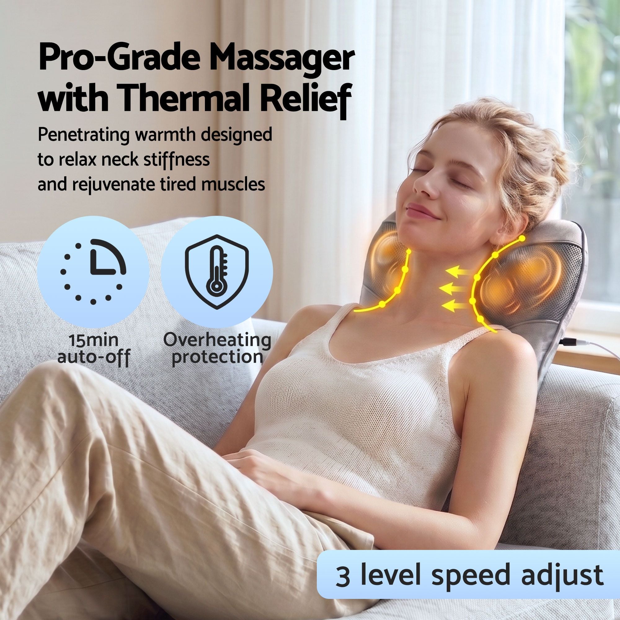 Livemor Back Massager with Heat, USB Neck and Shoulder Massage Pillow, 3-Speed Ergonomic Lumbar Support Cushion for Office Chair, Portable Muscle Relief