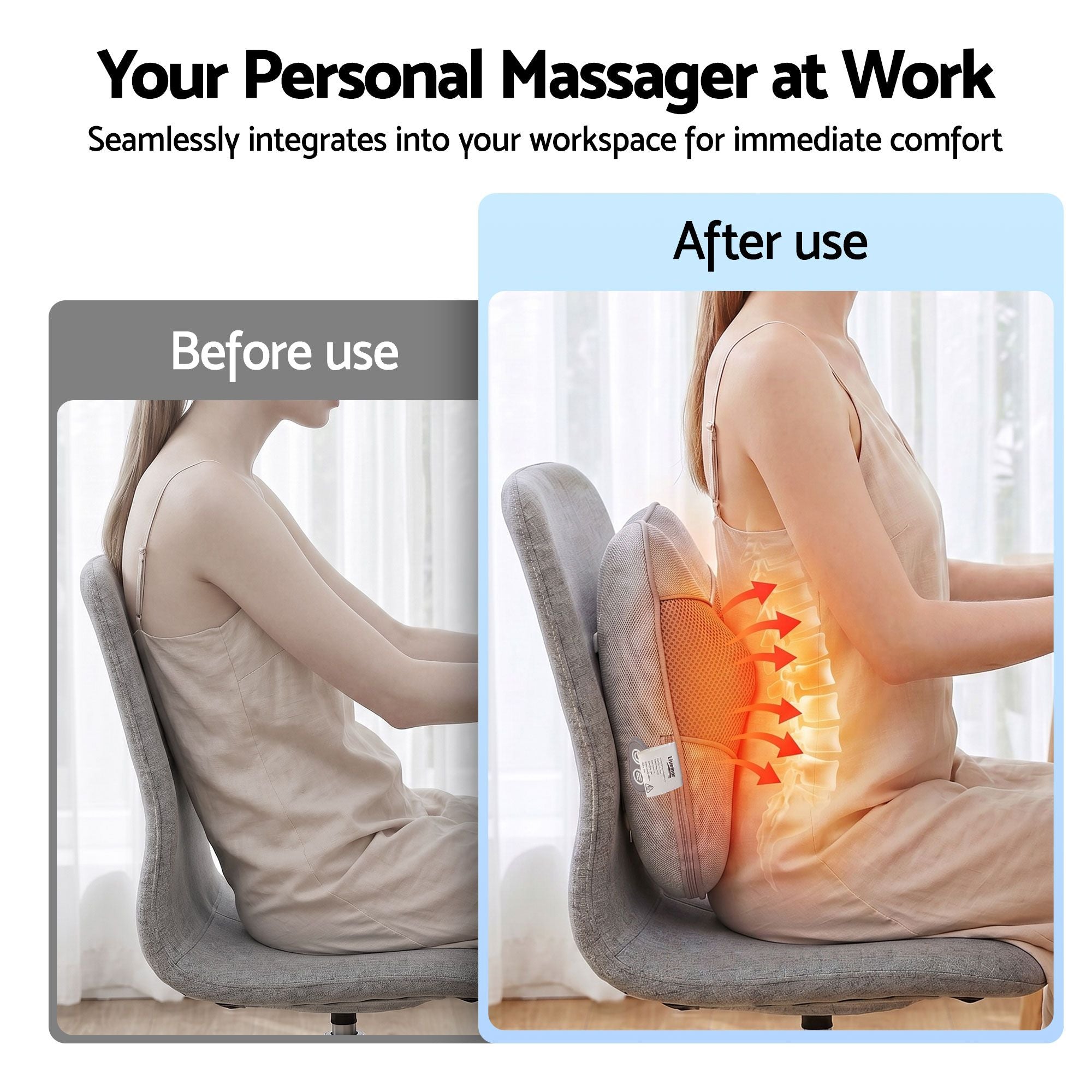 Livemor Back Massager with Heat, USB Neck and Shoulder Massage Pillow, 3-Speed Ergonomic Lumbar Support Cushion for Office Chair, Portable Muscle Relief