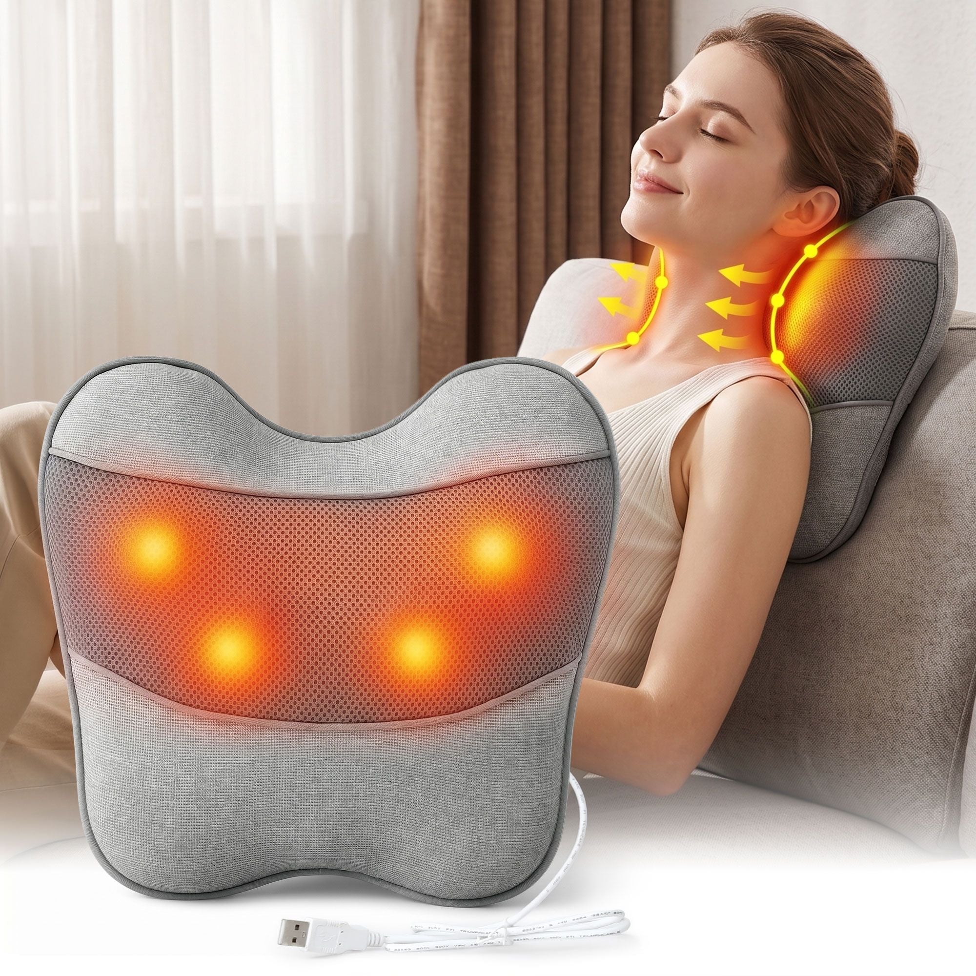 Livemor Back Massager with Heat, USB Neck and Shoulder Massage Pillow, 3-Speed Ergonomic Lumbar Support Cushion for Office Chair, Portable Muscle Relief