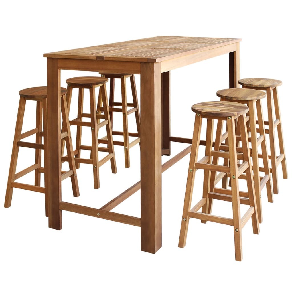 Bar Table and Stool Set 7 Piece Solid Acacia Wood Outdoor Garden Natural