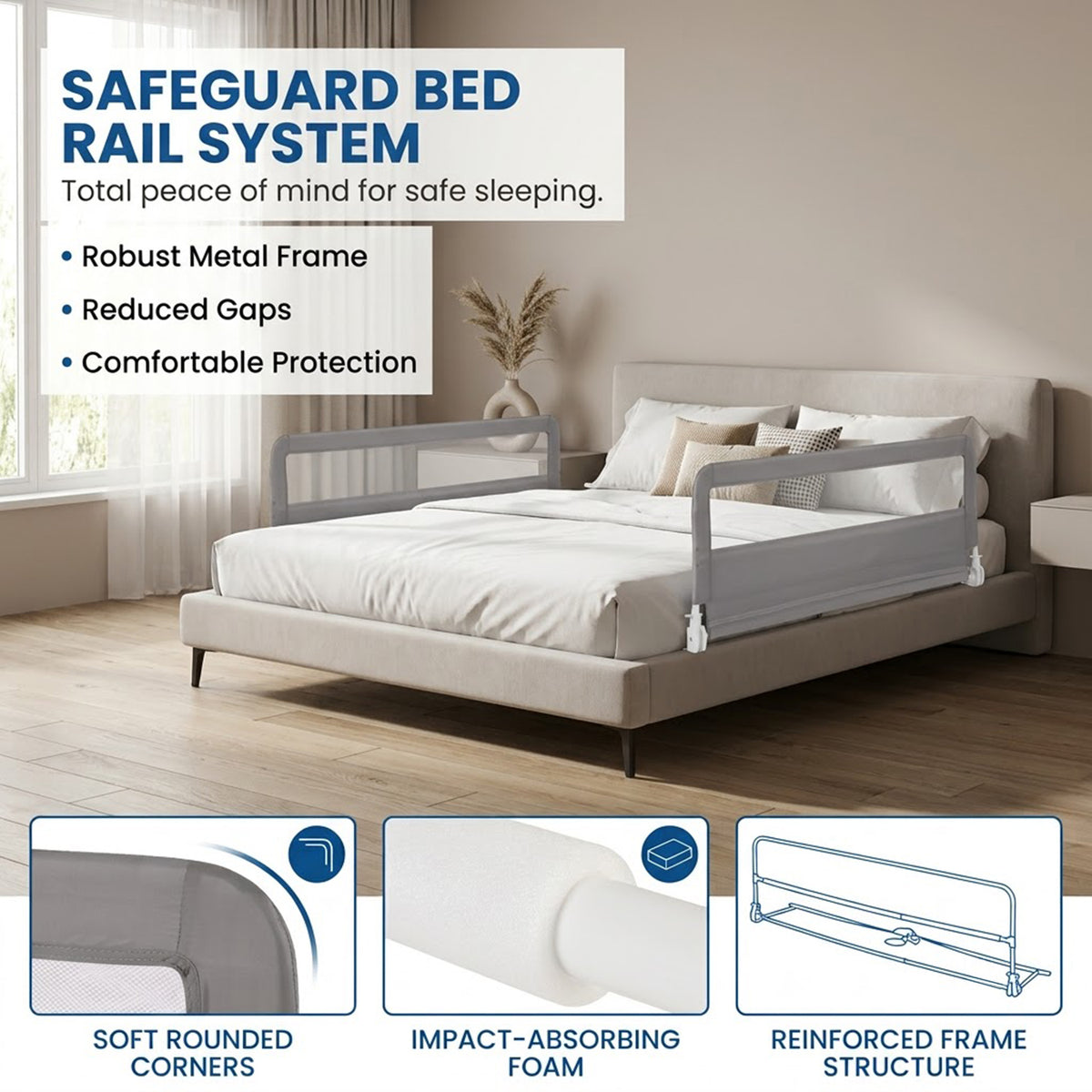 Foldable Toddler Bed Guard Rail 150cm Safety Barrier Removable Cover BPA Free