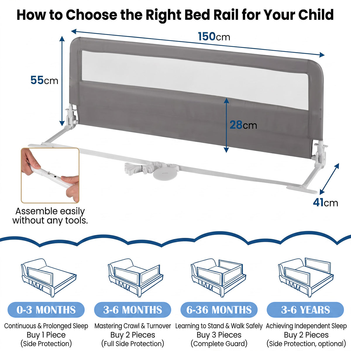 Foldable Toddler Bed Guard Rail 150cm Safety Barrier Removable Cover BPA Free