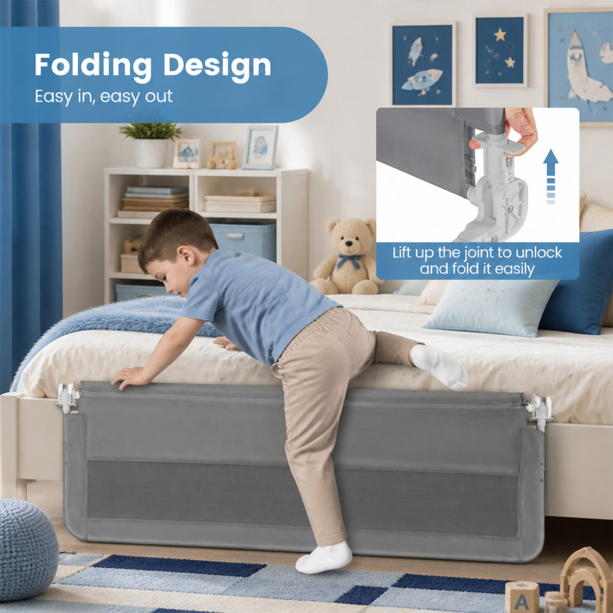 Foldable Toddler Bed Guard Rail 150cm Safety Barrier Removable Cover BPA Free