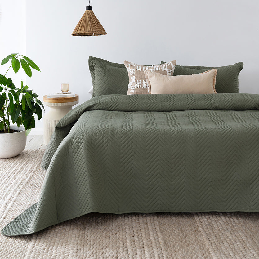 Bambury Herringbone Embossed Coverlet Set - Moss