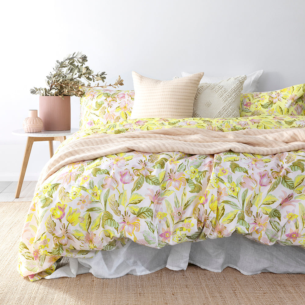 Phoebe Tropical Floral Cotton Quilt Cover Set Double Queen King – Reversible Bedding