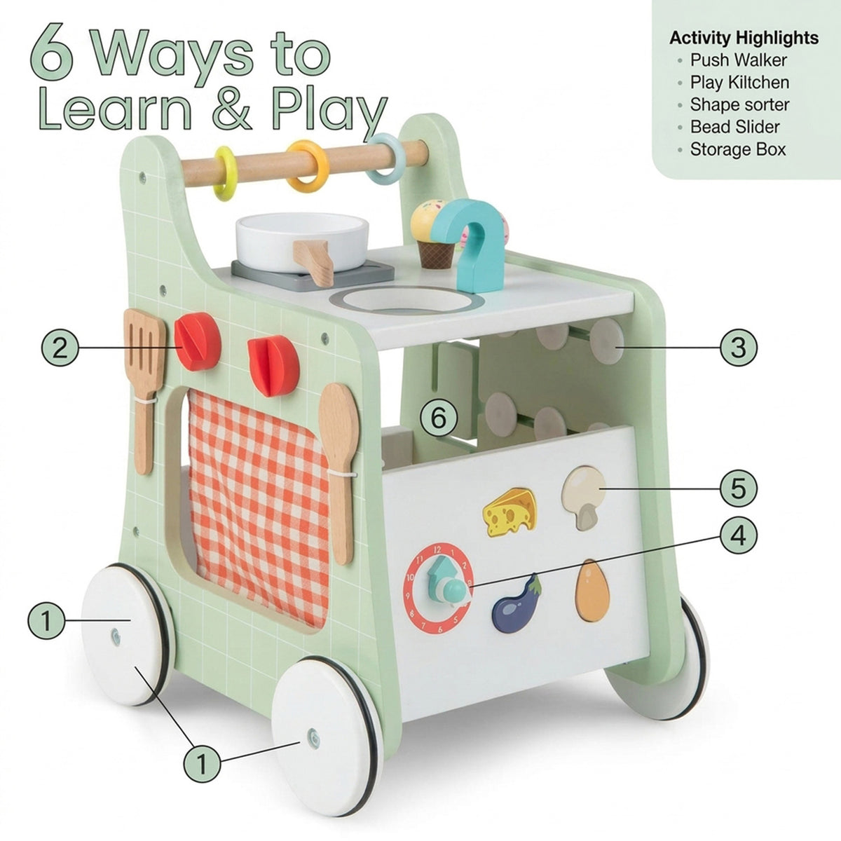 6 in 1 Kids Push Pull Walker with Play Kitchen Toddler Activity Learning Toy