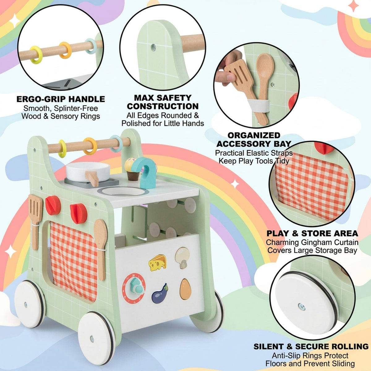6 in 1 Kids Push Pull Walker with Play Kitchen Toddler Activity Learning Toy
