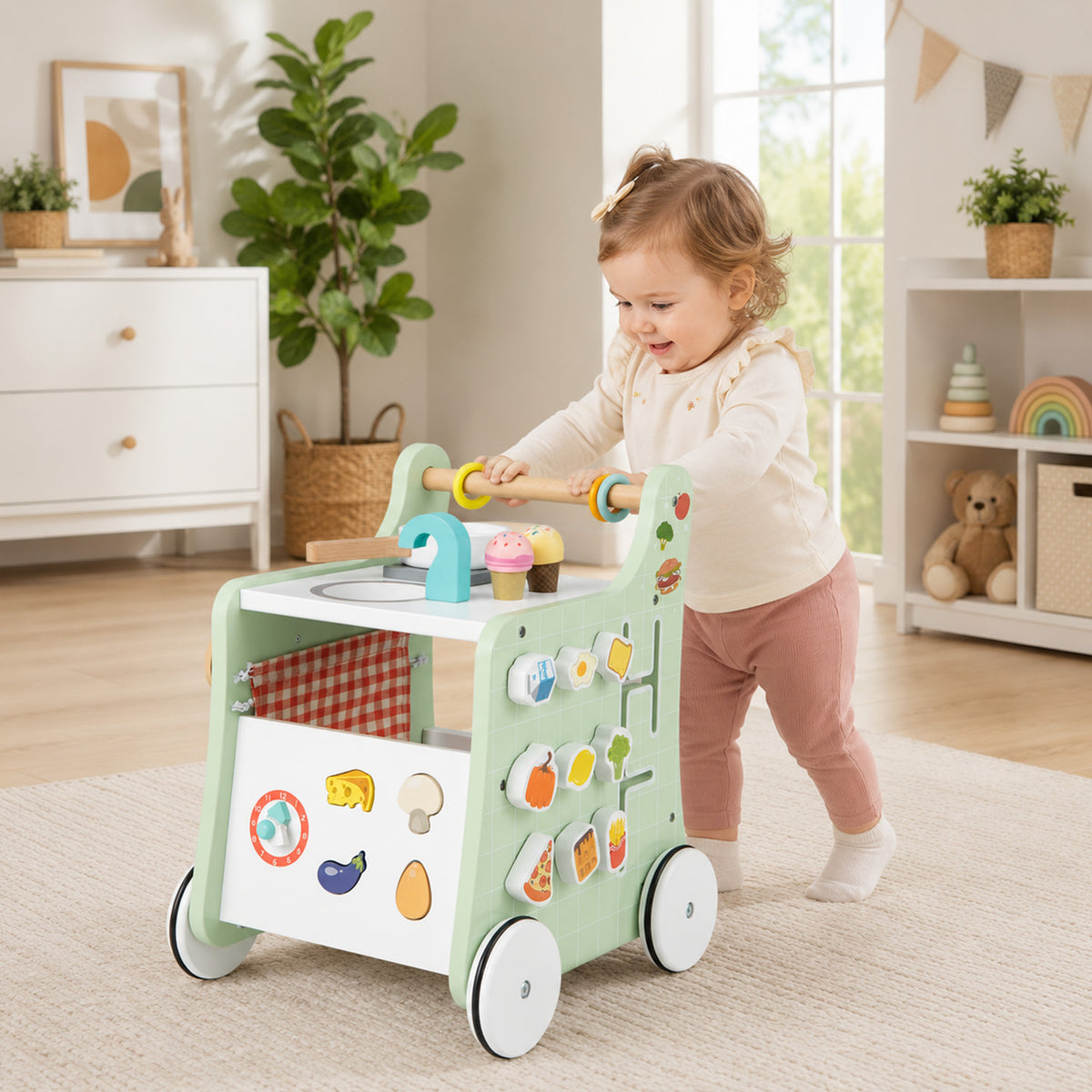 6 in 1 Kids Push Pull Walker with Play Kitchen Toddler Activity Learning Toy