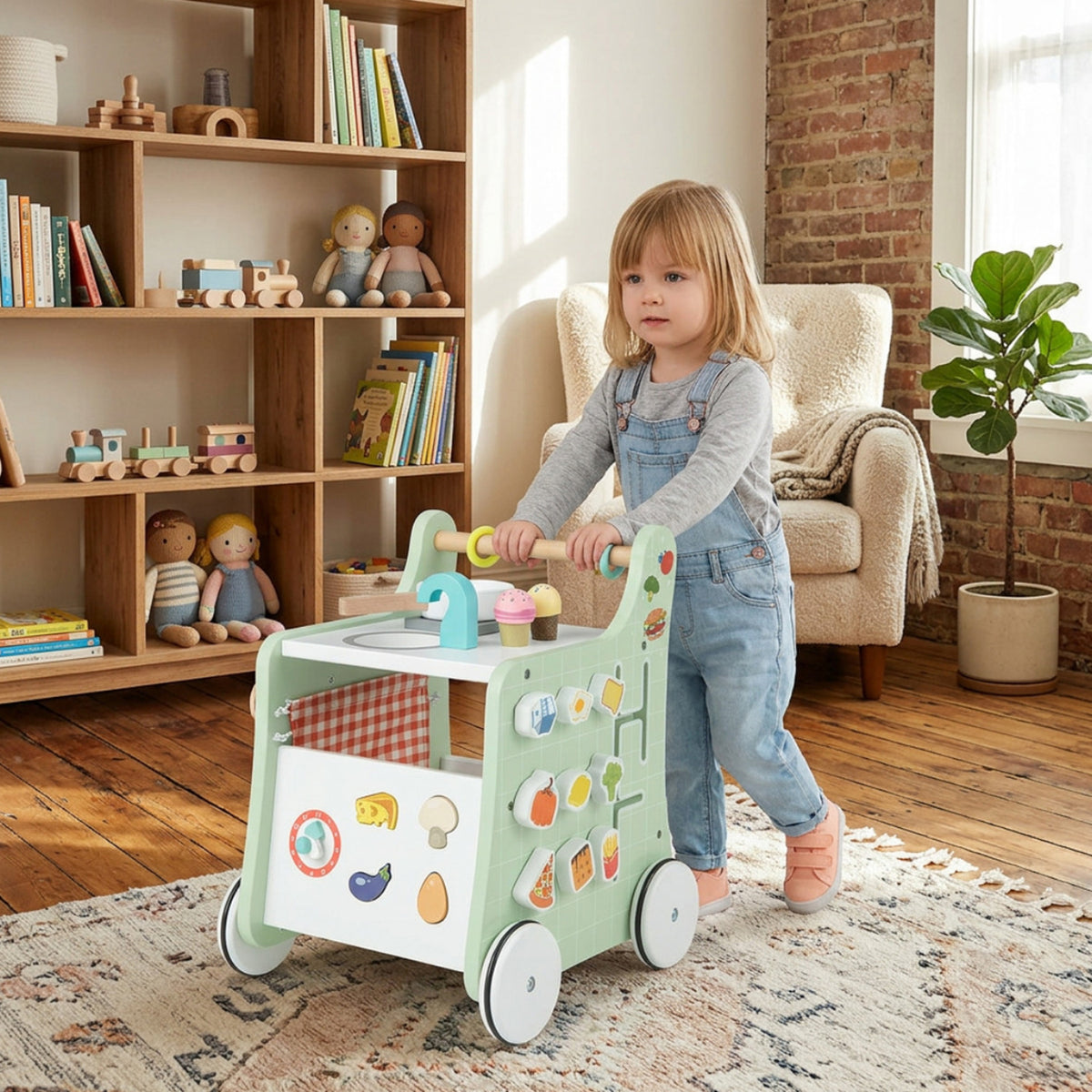 6 in 1 Kids Push Pull Walker with Play Kitchen Toddler Activity Learning Toy