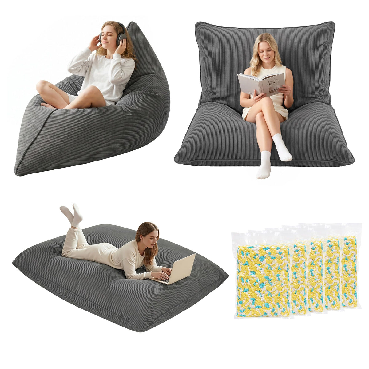 Artiss 3 in 1 Bean Bag Chair with Filler Convertible Bean Bag for Adults for Living Room Bedroom, Grey