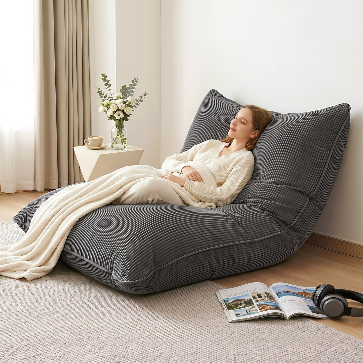 Artiss 3 in 1 Bean Bag Chair with Filler Convertible Bean Bag for Adults for Living Room Bedroom, Grey