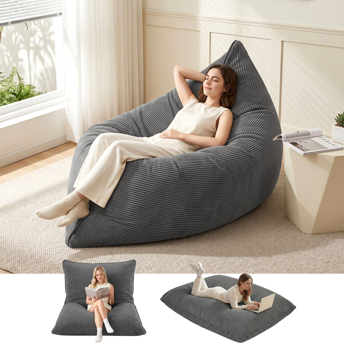 Artiss 3 in 1 Bean Bag Chair with Filler Convertible Bean Bag for Adults for Living Room Bedroom, Grey