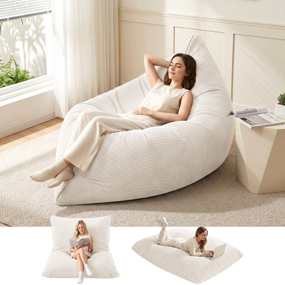 Artiss 3 in 1 Bean Bag Chair Cover No Filler Convertible Corduroy Beige