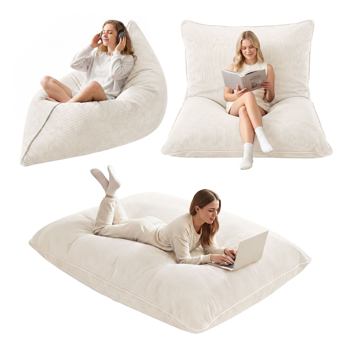 Artiss 3 in 1 Bean Bag Chair Cover No Filler Convertible Corduroy Beige