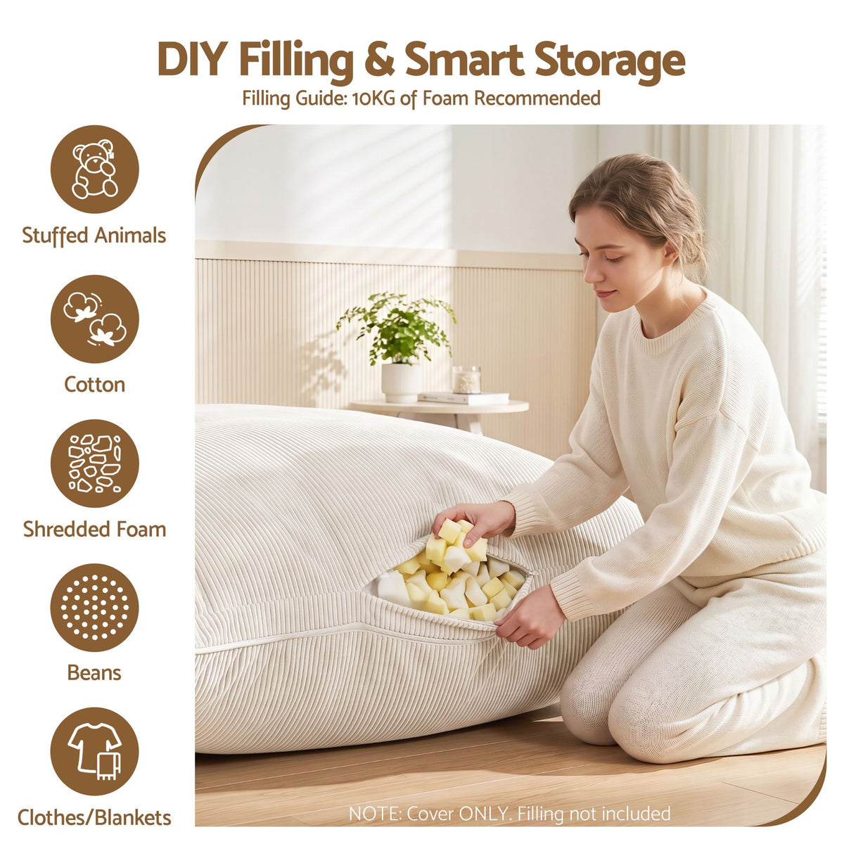 Artiss 3 in 1 Bean Bag Chair Cover No Filler Convertible Corduroy Beige