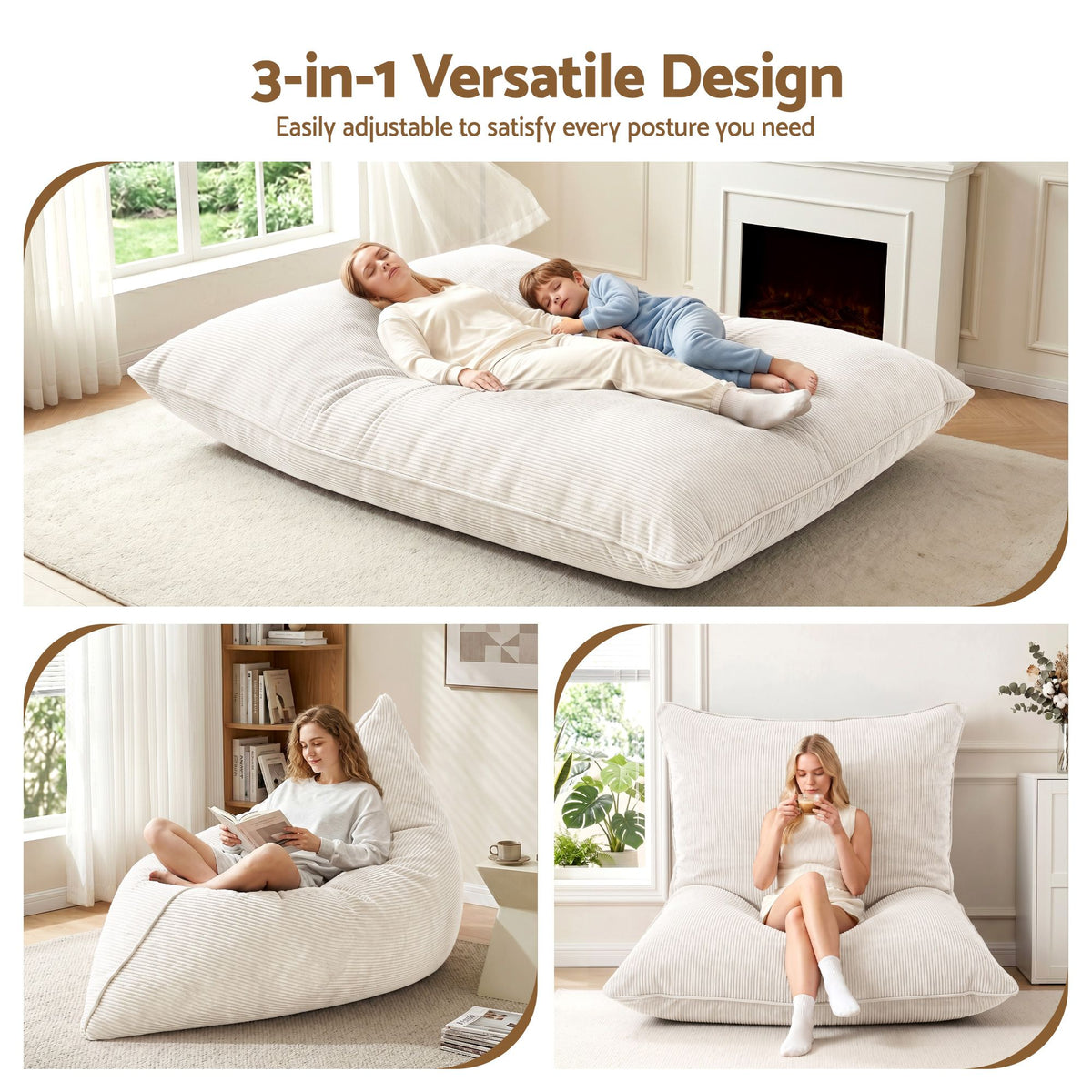 Artiss 3 in 1 Bean Bag Chair Cover No Filler Convertible Corduroy Beige