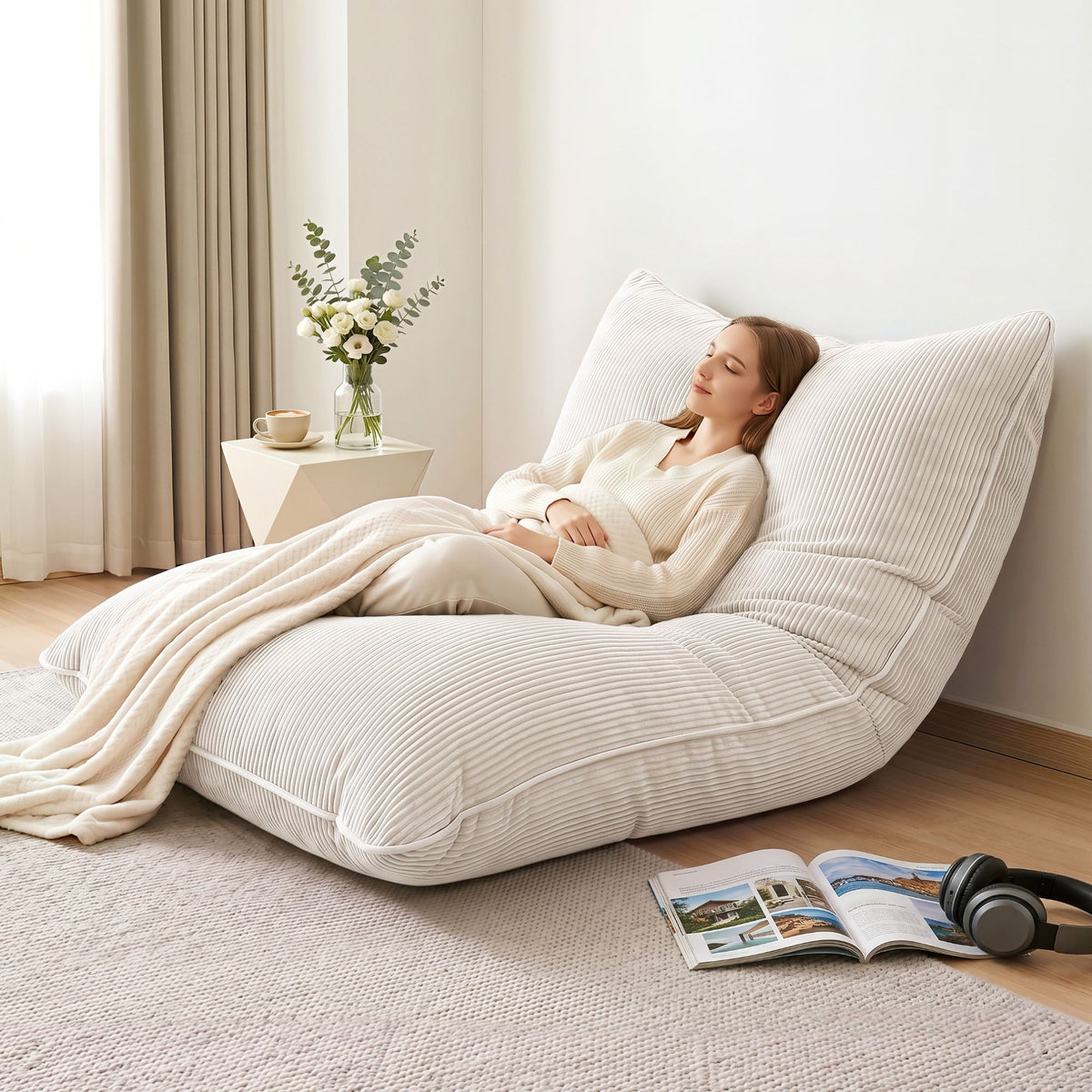 Artiss 3 in 1 Bean Bag Chair Cover No Filler Convertible Corduroy Beige