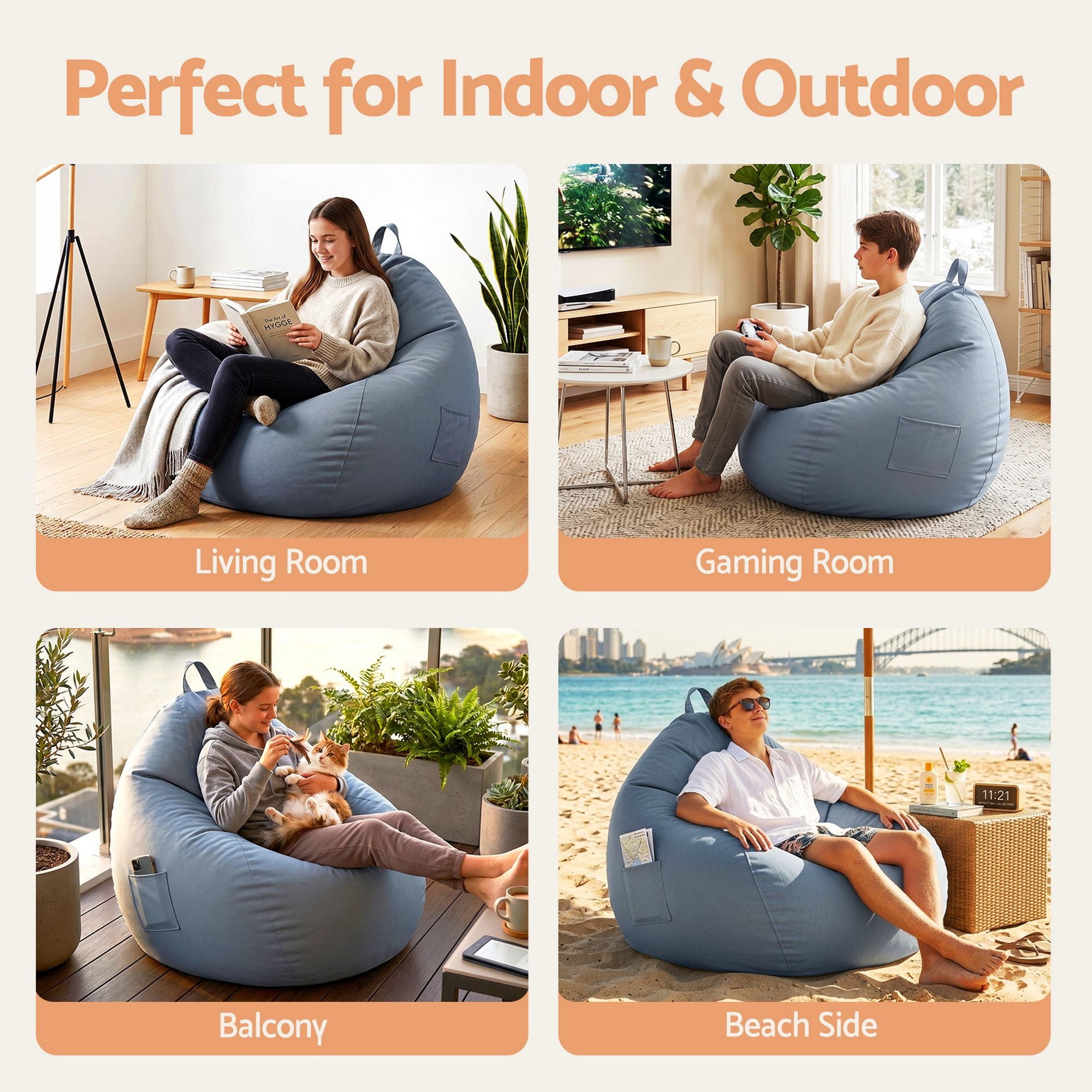 Artiss Outdoor Bean Bag Chair Cover Splash-Proof Stuffable Sofa Cover Grey