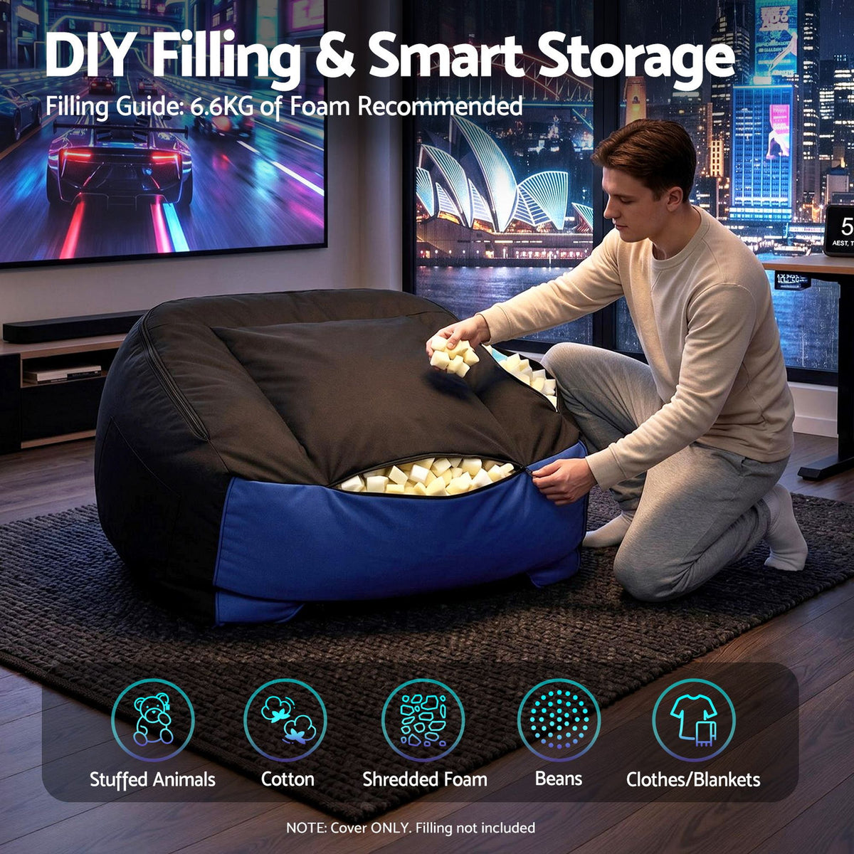 Artiss Gaming Bean Bag Chair Cover with Pockets, Cup Holder, Headphone Hanger