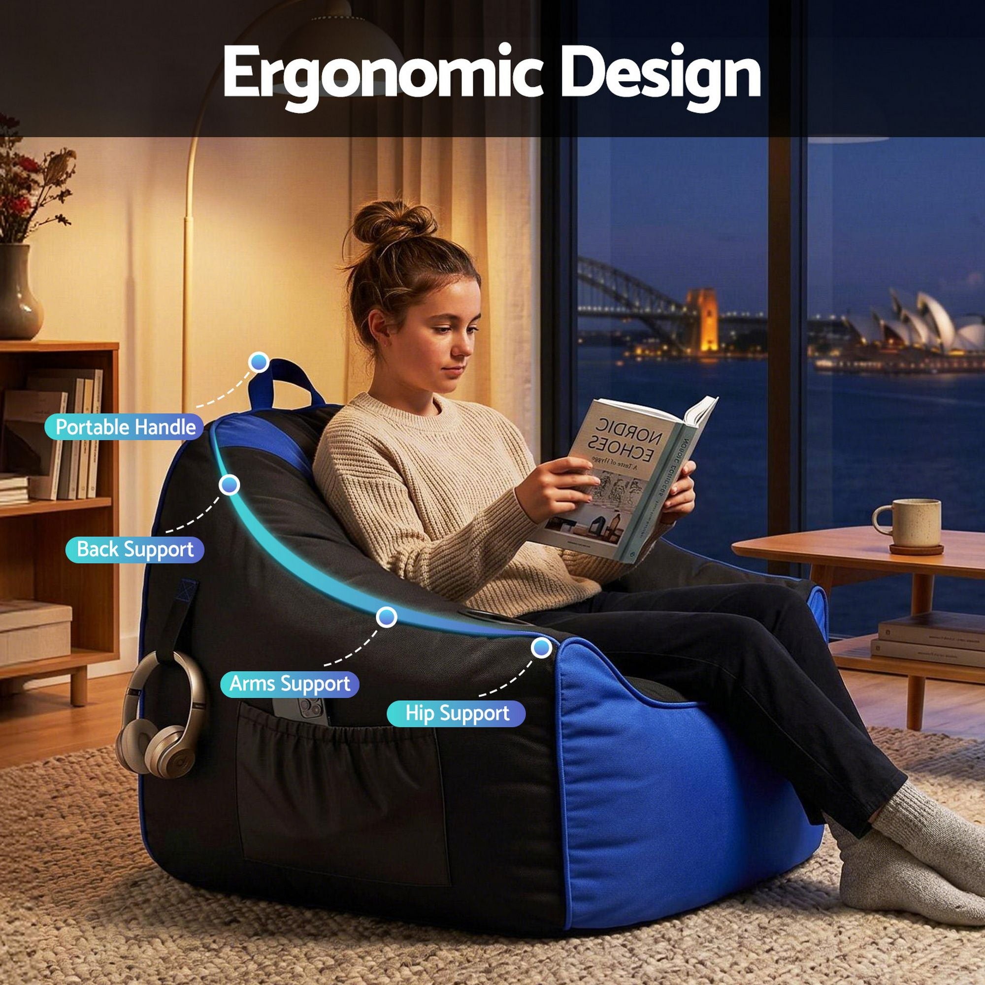 Artiss Gaming Bean Bag Chair Cover with Pockets, Cup Holder, Headphone Hanger