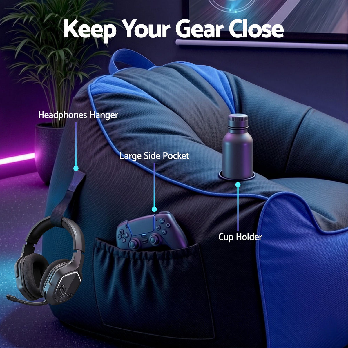 Artiss Gaming Bean Bag Chair Cover with Pockets, Cup Holder, Headphone Hanger