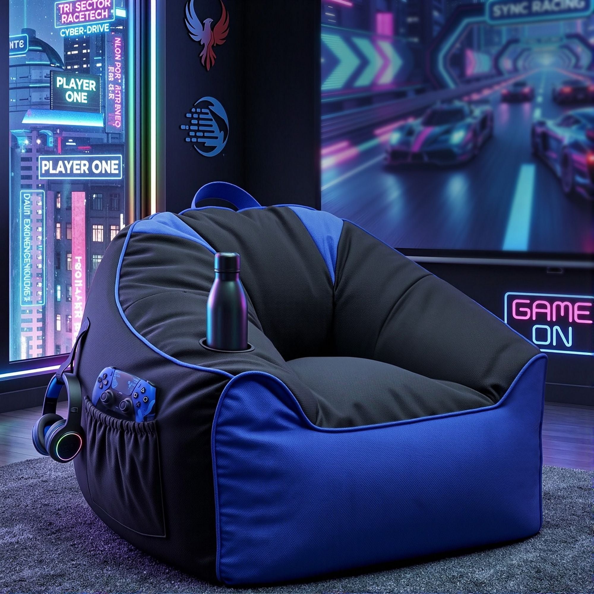 Artiss Gaming Bean Bag Chair Cover with Pockets, Cup Holder, Headphone Hanger