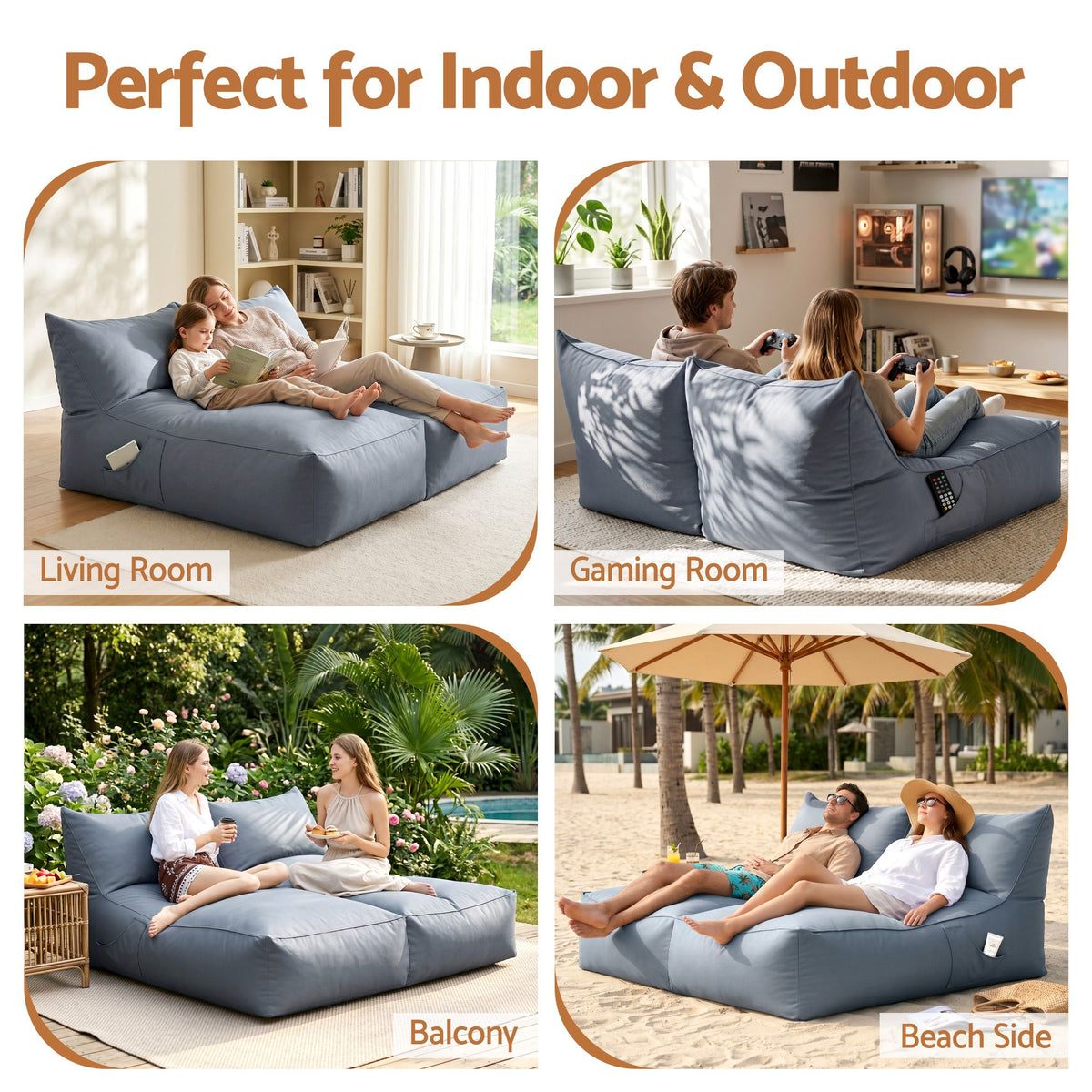 Artiss Outdoor Bean Bag Chair Cover (No Filler) 2 Seater Beanbag Lounge Sofacover Adults, Grey