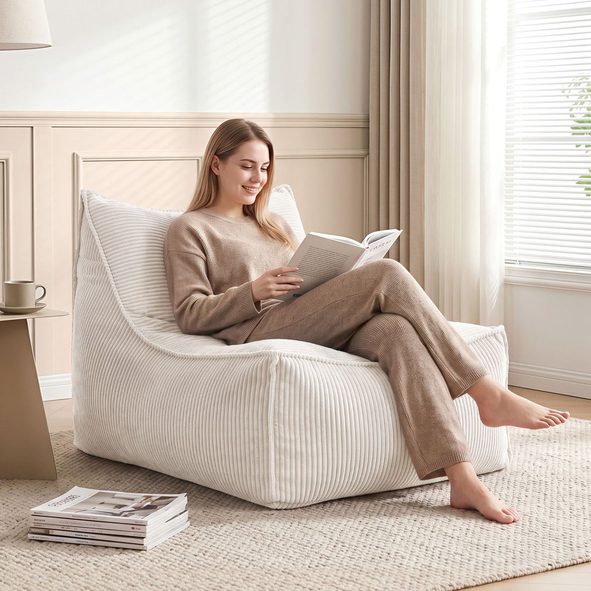Artiss Bean Bag Chair Cover No Filler Corduroy Washable L-Shaped Beige