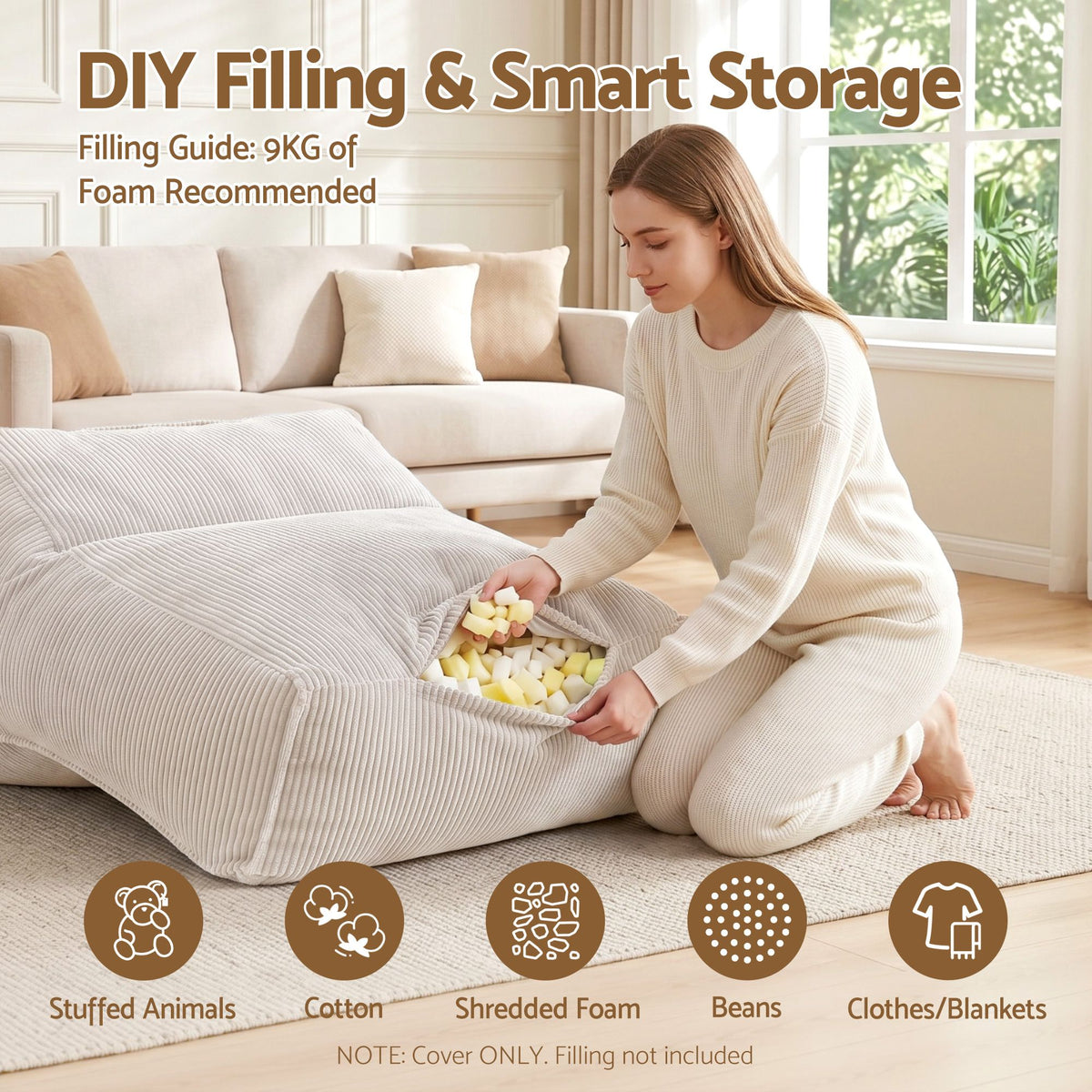 Artiss Bean Bag Chair Cover No Filler Corduroy Washable L-Shaped Beige
