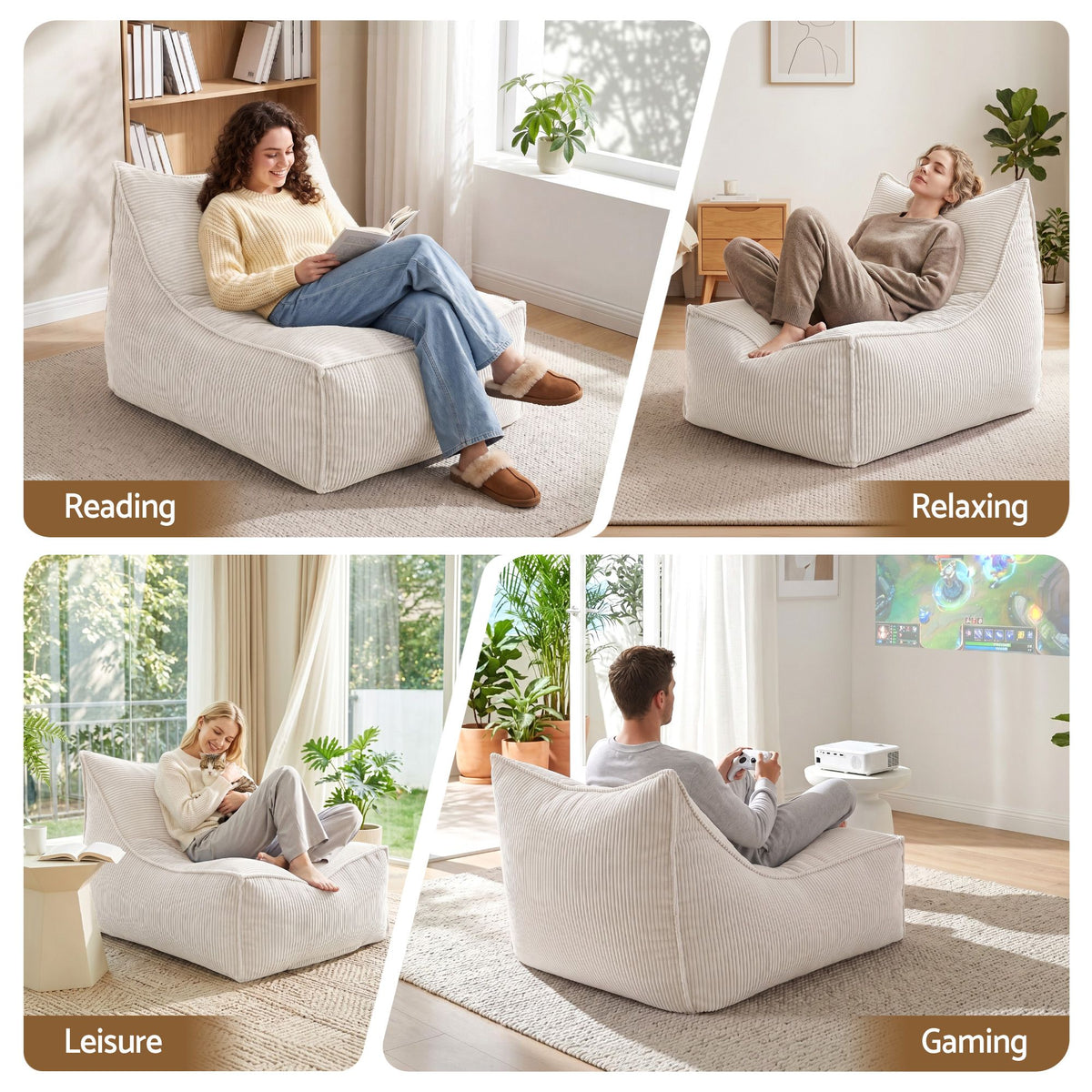 Artiss Bean Bag Chair Cover No Filler Corduroy Washable L-Shaped Beige