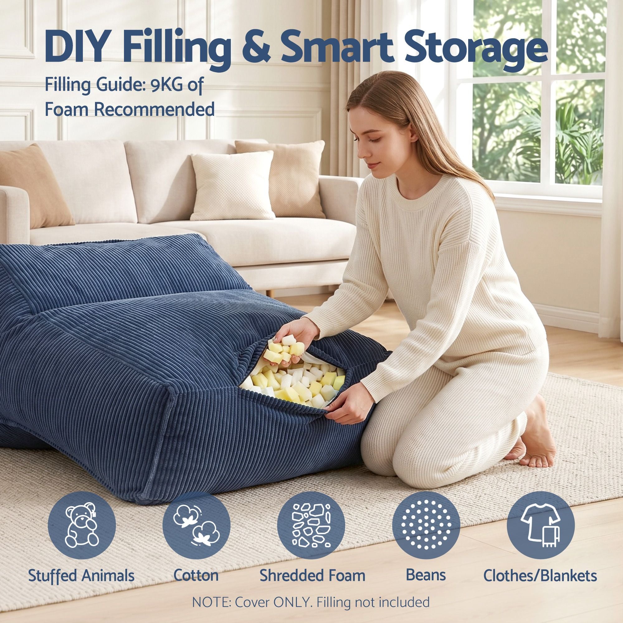 Artiss Bean Bag Chair Cover Soft Corduroy Storage Cover Washable Lazy Sofa Blue