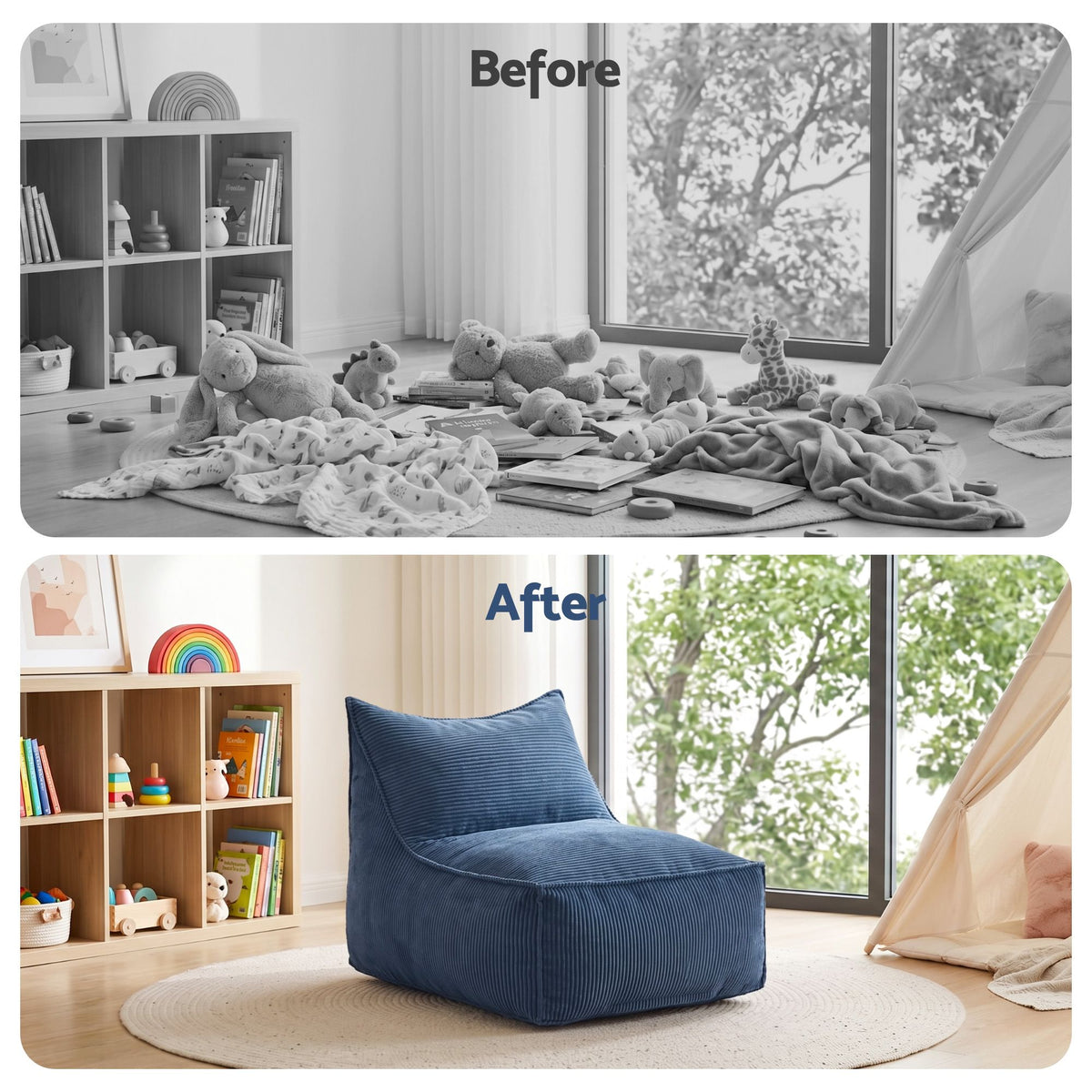 Artiss Bean Bag Chair Cover Soft Corduroy Storage Cover Washable Lazy Sofa Blue
