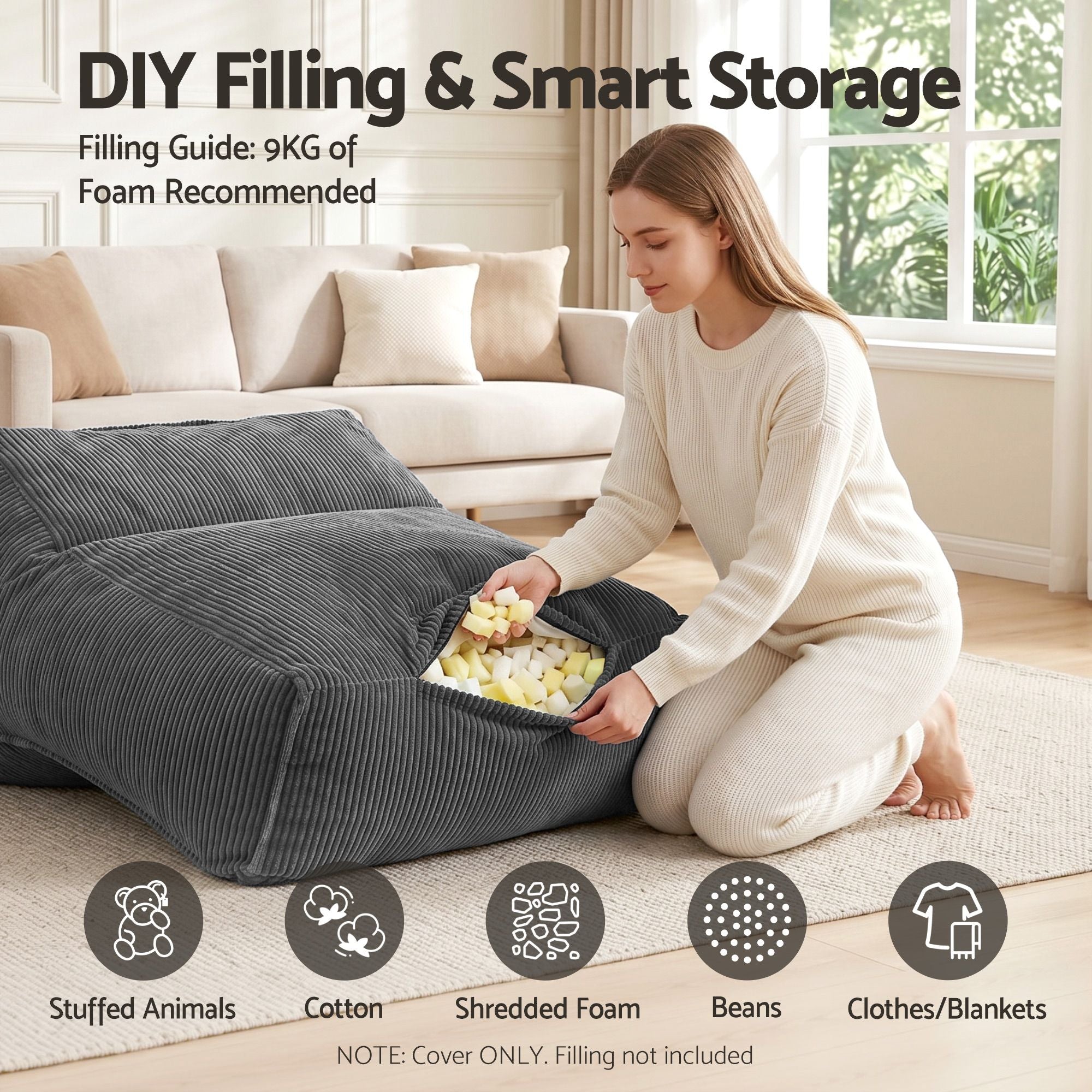 Artiss Bean Bag Chair Cover Soft Corduroy Storage Cover Washable Lazy Sofa Grey