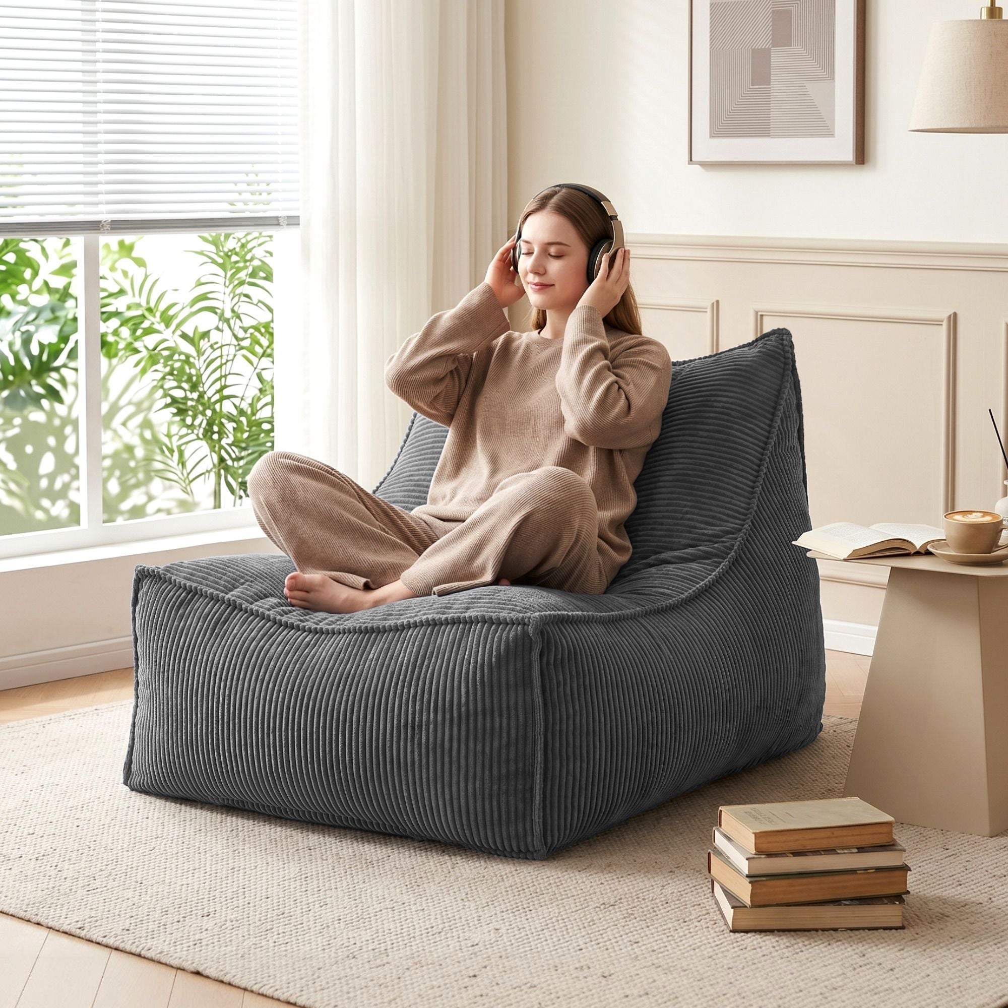 Artiss Bean Bag Chair Cover Soft Corduroy Storage Cover Washable Lazy Sofa Grey