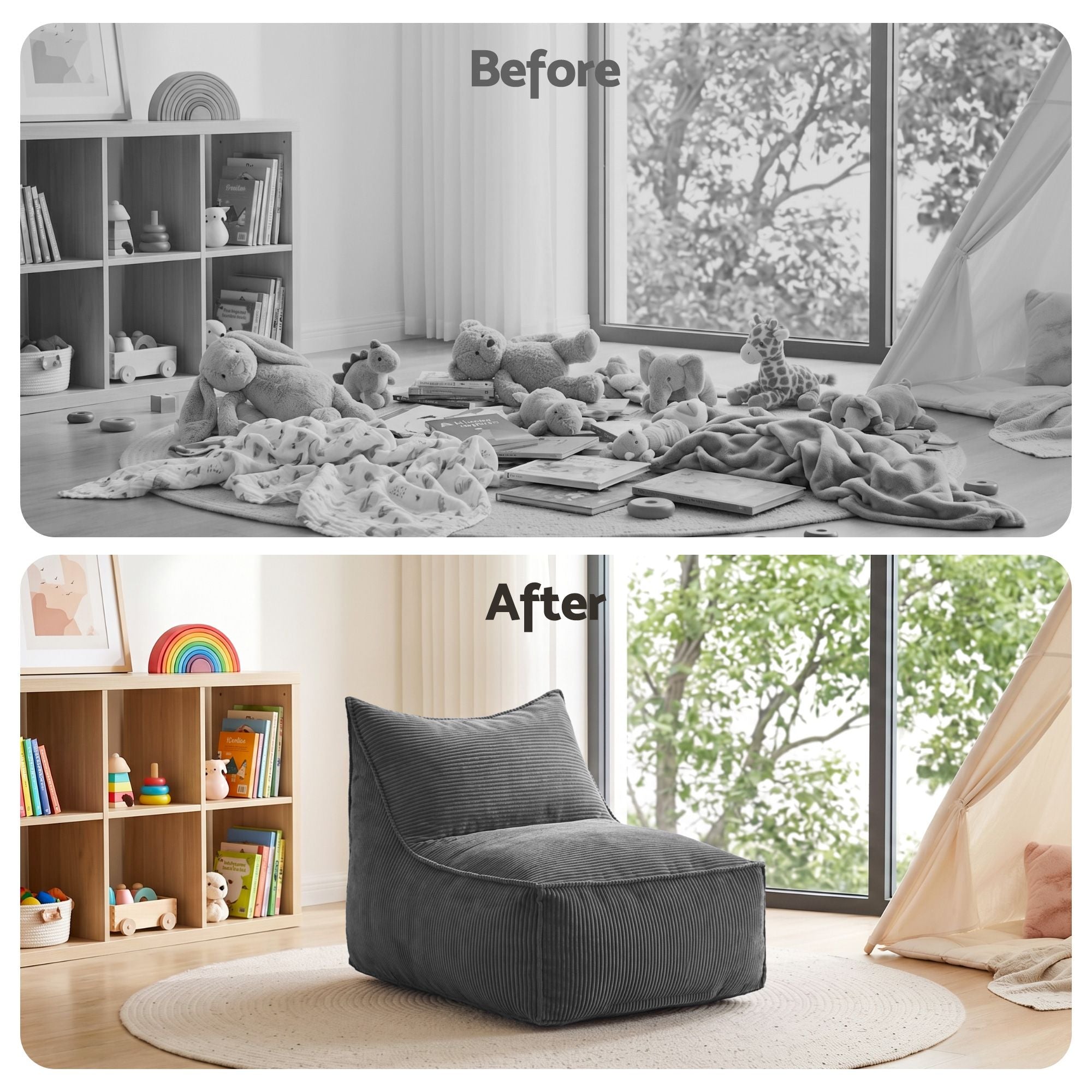 Artiss Bean Bag Chair Cover Soft Corduroy Storage Cover Washable Lazy Sofa Grey