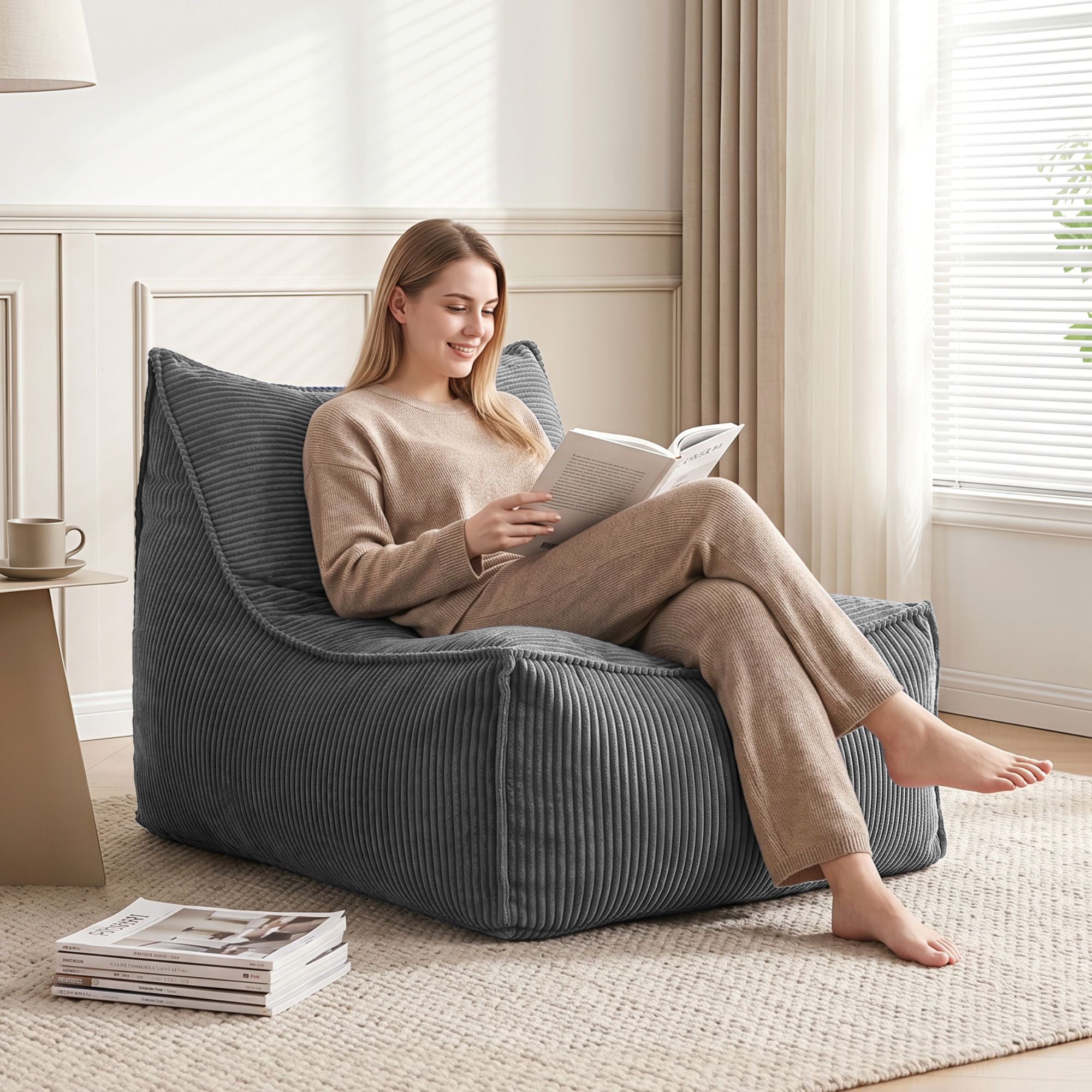 Artiss Bean Bag Chair Cover Soft Corduroy Storage Cover Washable Lazy Sofa Grey