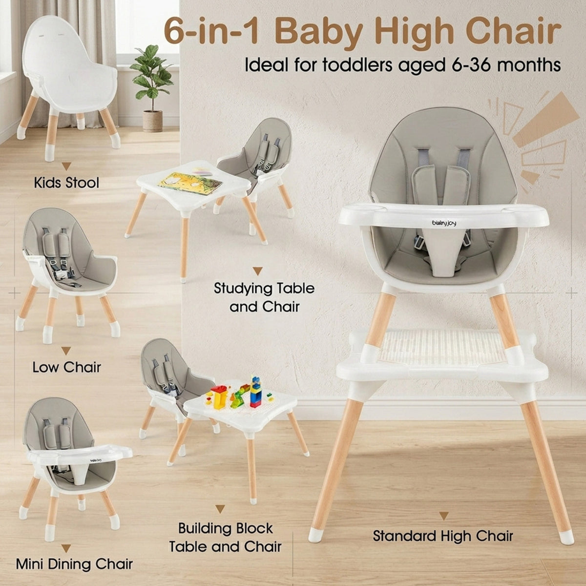 6 in 1 Convertible High Chair Baby Toddler Feeding Table Chair Set Seat