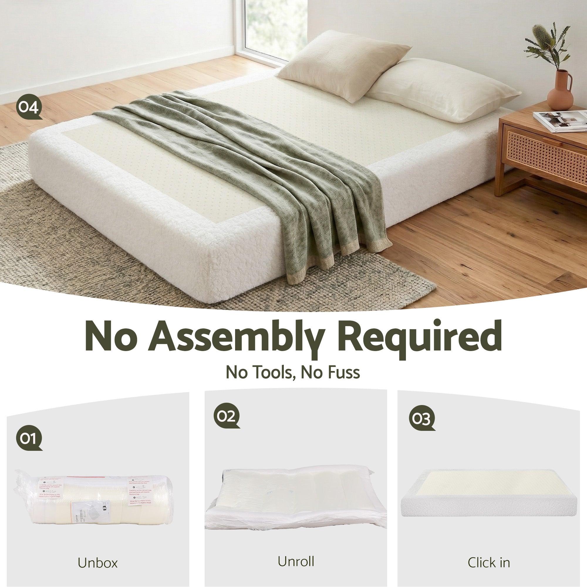 Artiss Compression Bed Frame Queen Size No Assembly Vacuum High Density Sponge Boucle Cream White