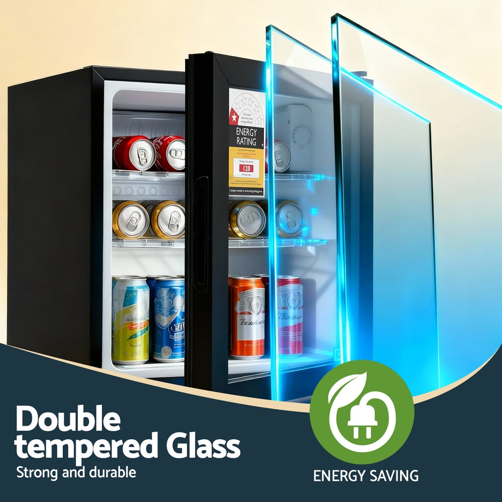 Devanti 40L Bar Fridge Glass Door Mini Fridge Countertop Cooler Black