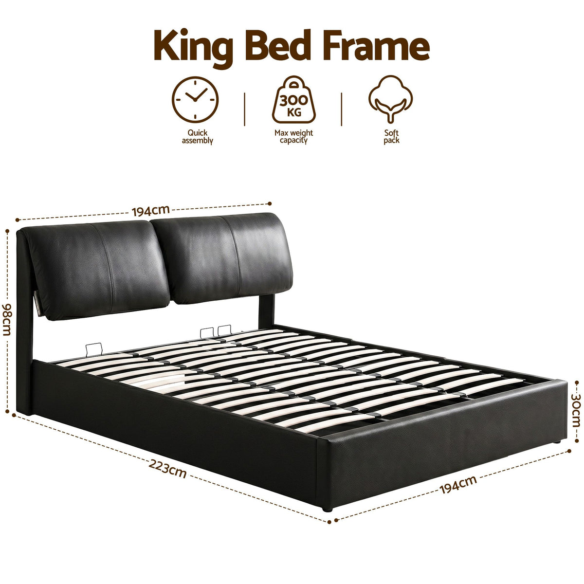 Artiss King Bed Frame Gas Lift Storage 3 Drawers Adjustable Headboard Platform Bed Black