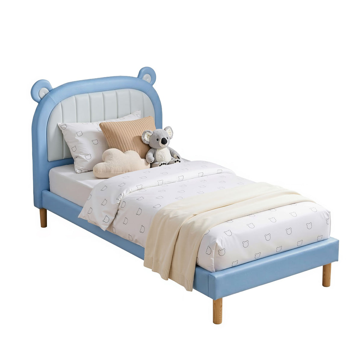 Artiss Kids King Single Bed Frame Bear Headboard Waterproof Leather Bed Blue